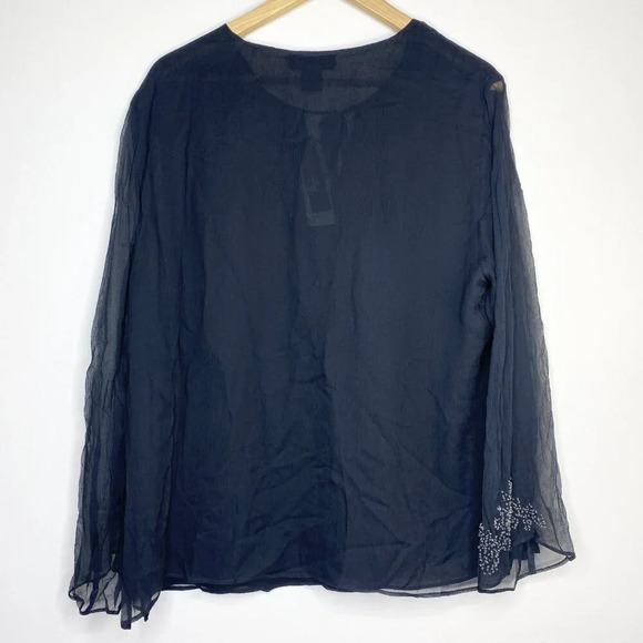 NWT Anne Carson 100% Silk Blouse 1X Beaded Embroidered Black Boho Chic Top - Picture 5 of 9